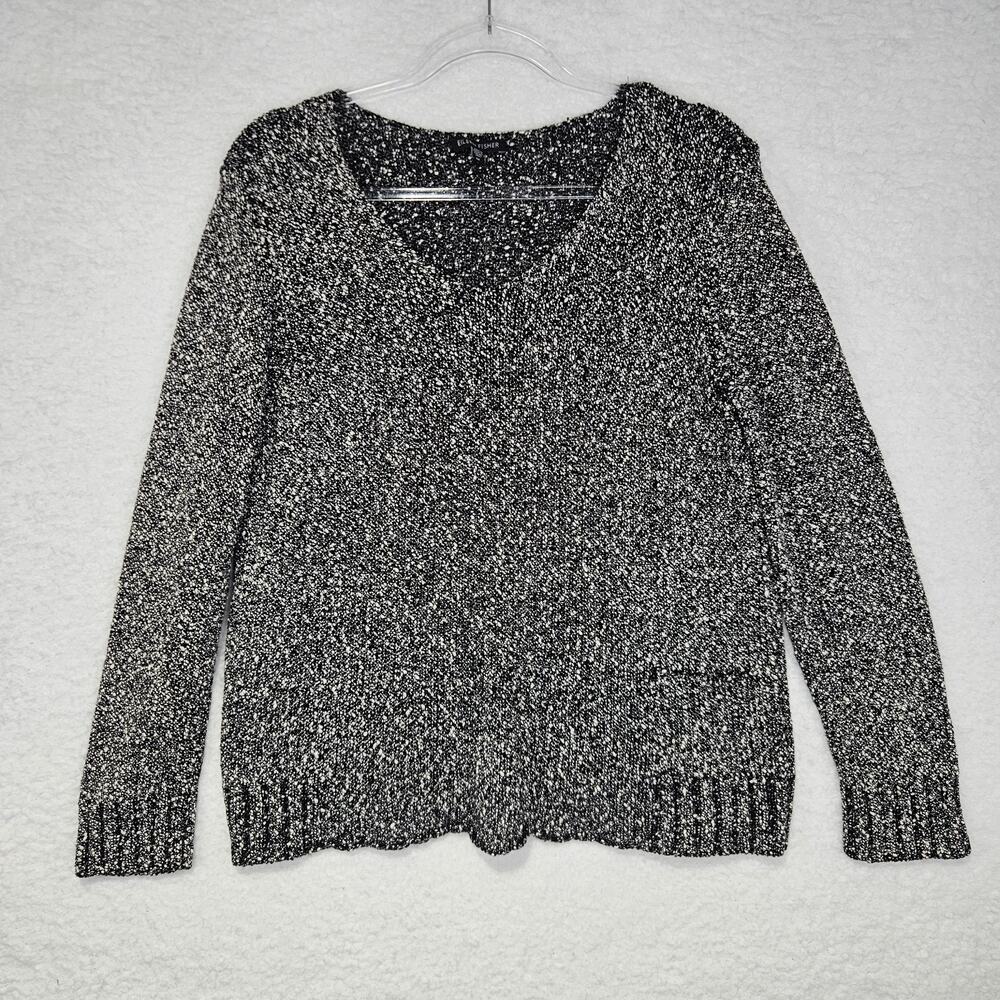 Eileen Fisher 100% Cotton Italian Yarn Black & White Peppered Sweater Womens Med